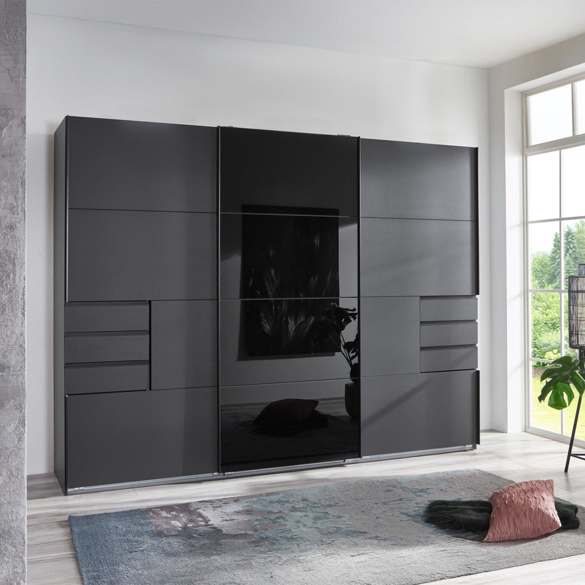 Aurex black tinted glass 3-door glass-fronted sliding wardrobe, 203cm wide
