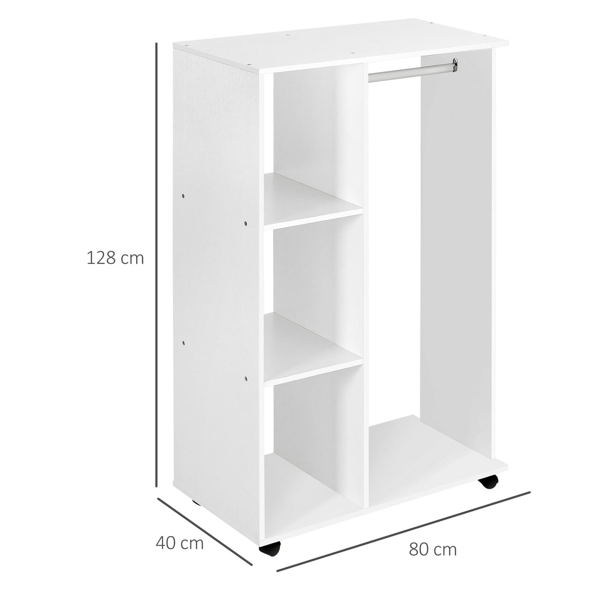 homcom open wardrobe on wheels bedroom wardrobe with clothes hanging rail 3 storage shelves mobile garment rack for cloakroom hallway white