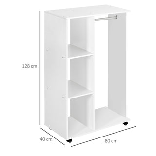 homcom open wardrobe on wheels bedroom wardrobe with clothes hanging rail 3 storage shelves mobile garment rack for cloakroom hallway white