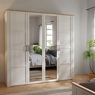 BUENOS 4 Door Mirrored Wardrobe in Riviera Oak and White finish with mirrored centre doors