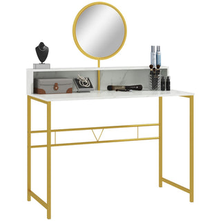homcom modern dressing table with round mirror vanity makeup desk with open storage faux marble texture and steel frame for bedroom white