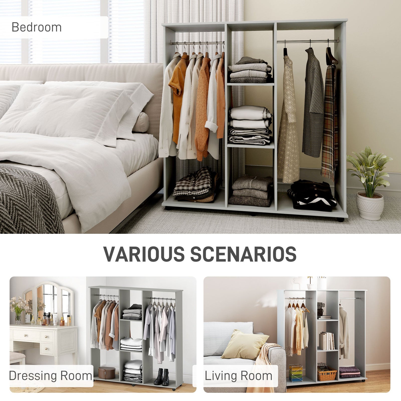 homcom open wardrobe double mobile storage shelves organizer w 6 wheels grey