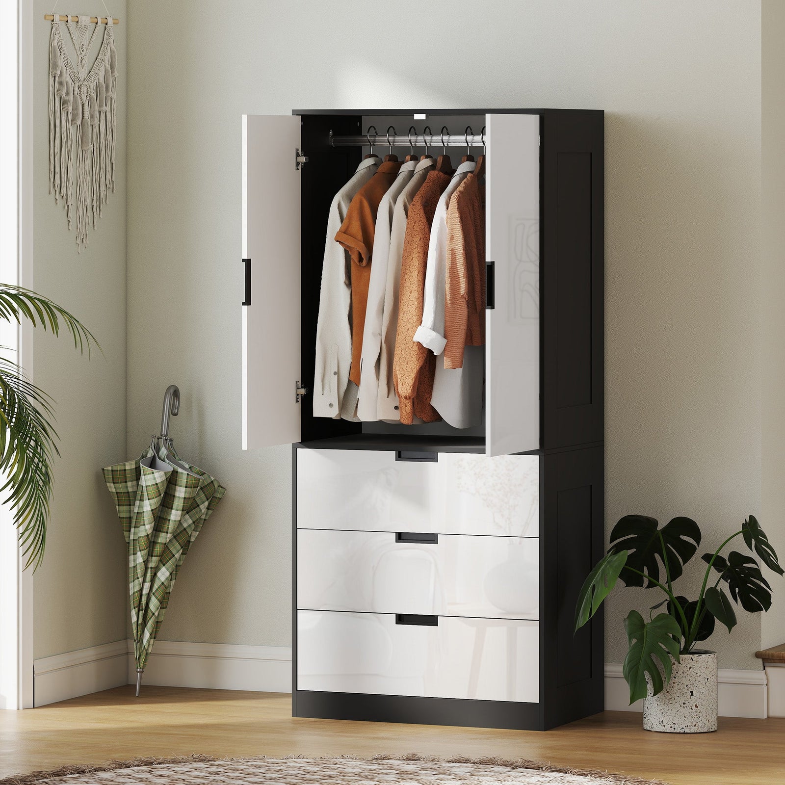 homcom 2 door wardrobe modern wardrobe with 3 drawers and hanging rod for bedroom high gloss white