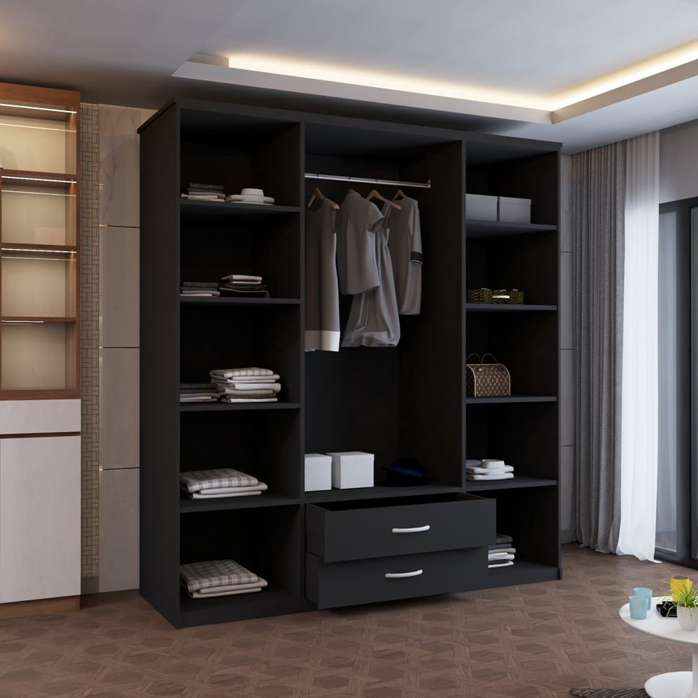 Black 4-door hinged wardrobe with mirrored central doors and two drawers, showing internal shelves and hanging space.
