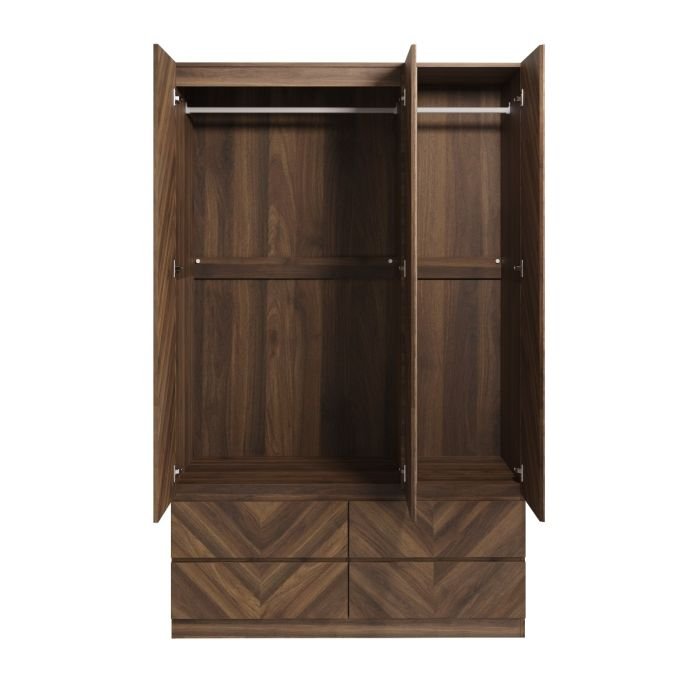 Open 3 door wardrobe in Royal Walnut with 4 herringbone design drawers below
