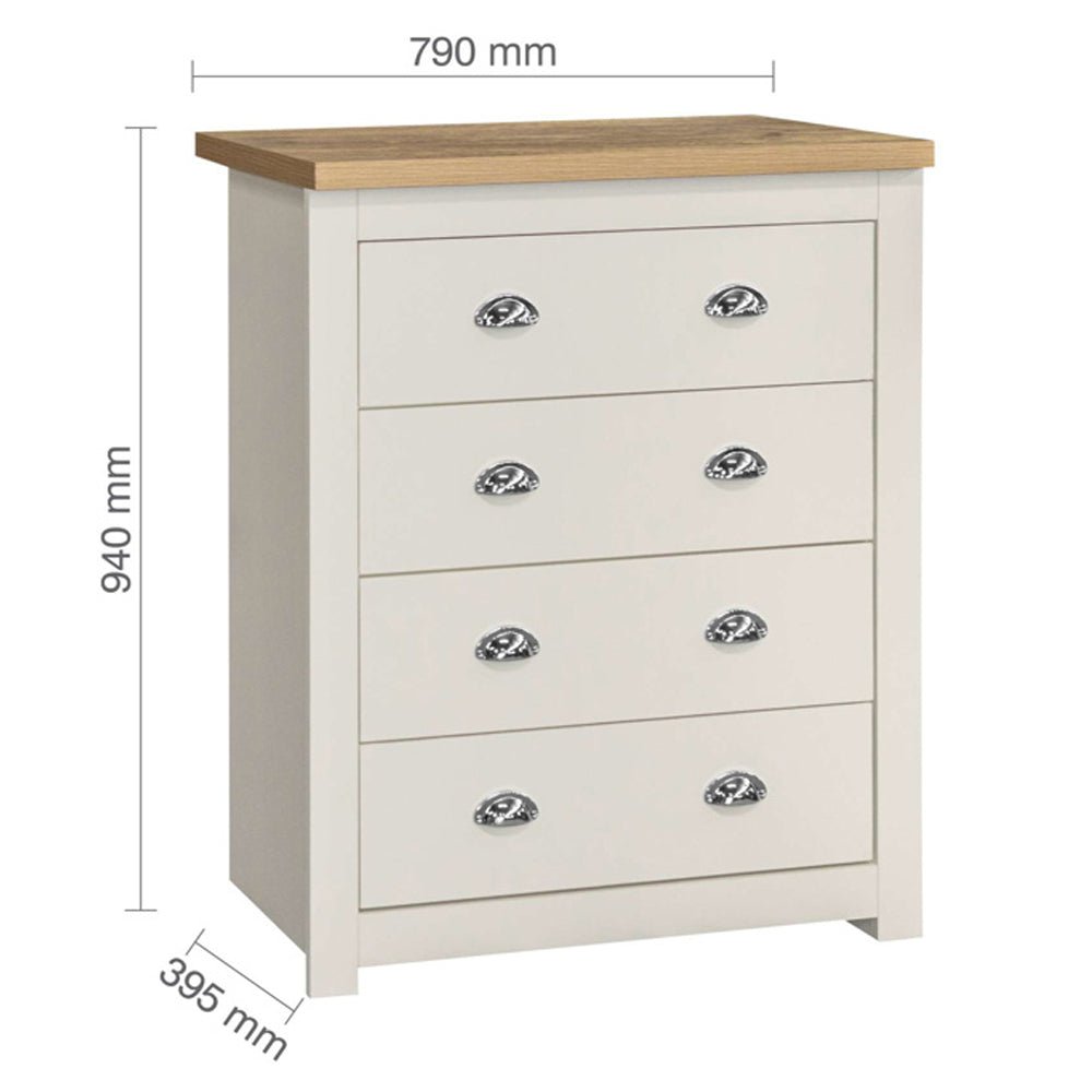 Highland Wooden Chest of 4 Drawers in Cream and Oak, with silver cup handles.