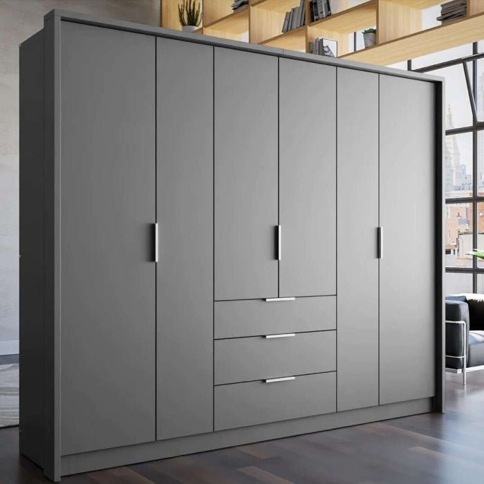 Grey 6-door wardrobe with 3 central drawers and silver handles.