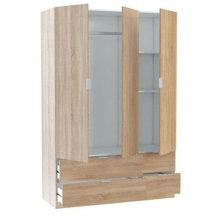 Oak effect 3 door 4 drawer wardrobe with doors open showing interior