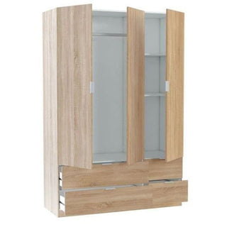 Oak effect 3 door 4 drawer wardrobe with doors open showing interior