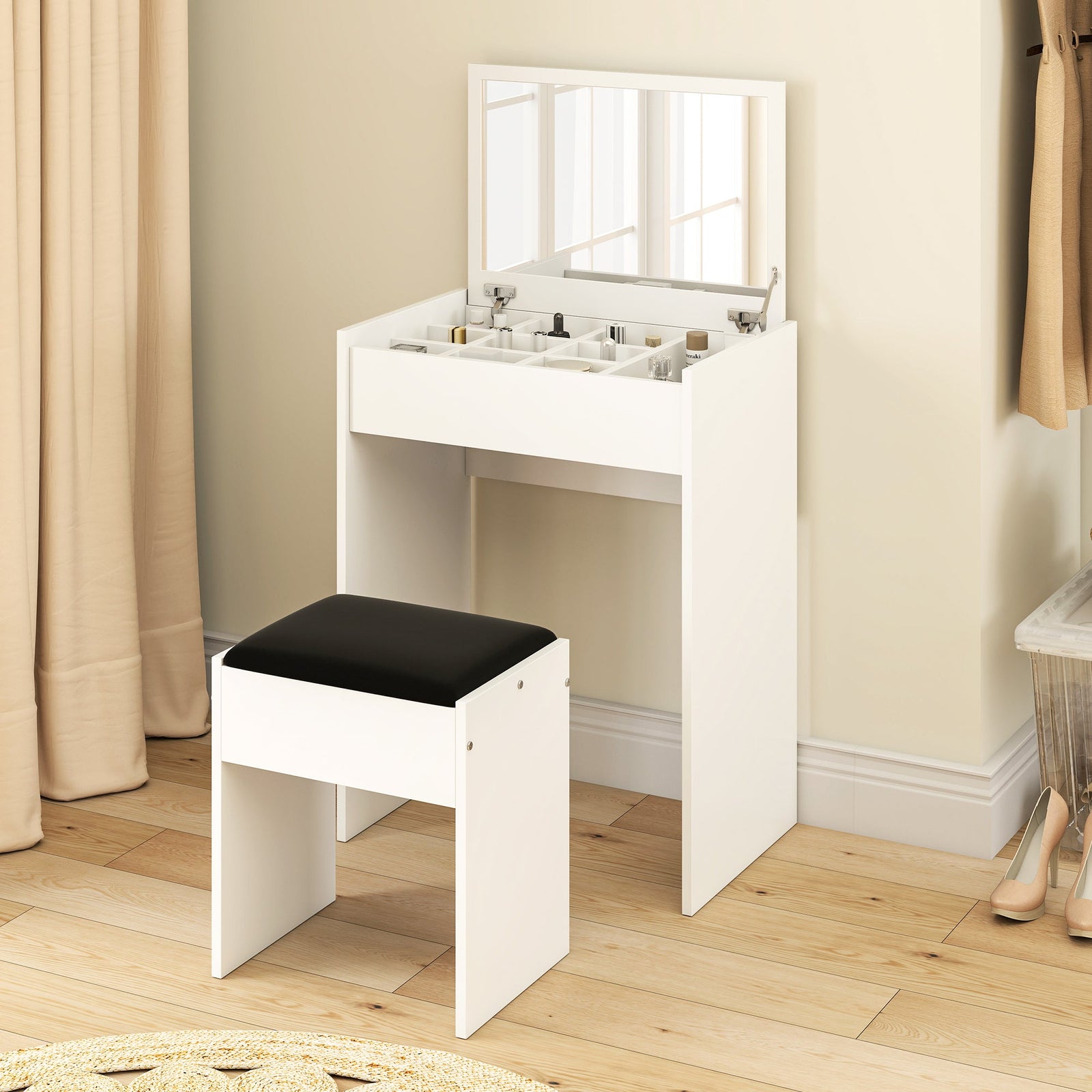 homcom dressing table with mirror and stool vanity makeup table with flip up mirror vanity desk with storage unit and padded seat white