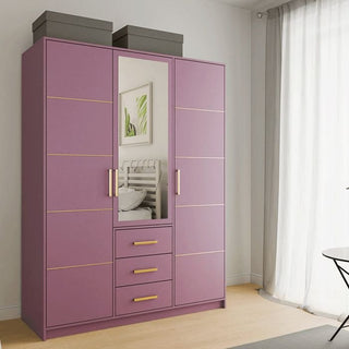 BARNSLEY 3 Door Wardrobe in Plum with gold strips and central mirror with 3 drawers below