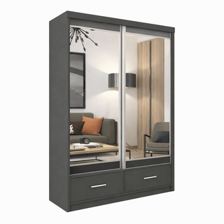Grey 2-door sliding wardrobe with mirrored doors and drawers, modern design.