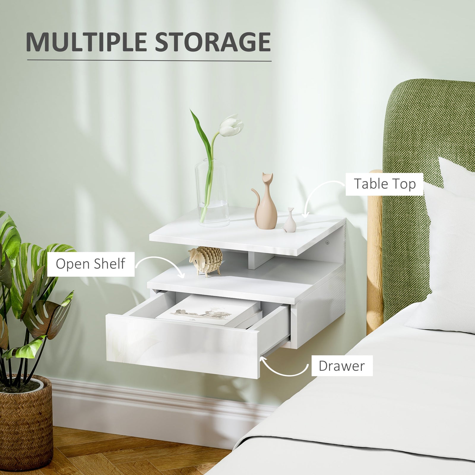 homcom floating high gloss bedside table high gloss white