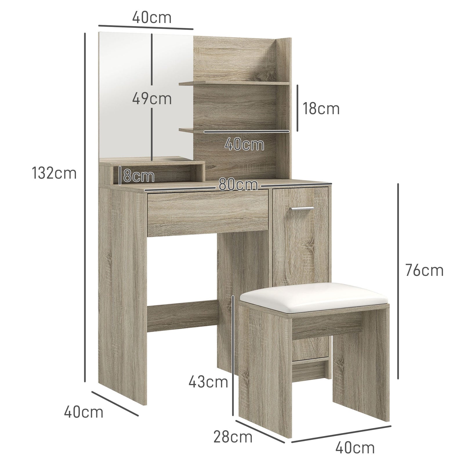 homcom dressing table and stool set with storage wood effect