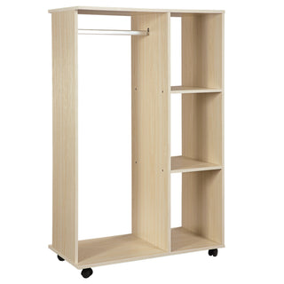 homcom open wardrobe on wheels bedroom wardrobe with clothes hanging rail 3 storage shelves mobile garment rack for cloakroom hallway maple wood effect