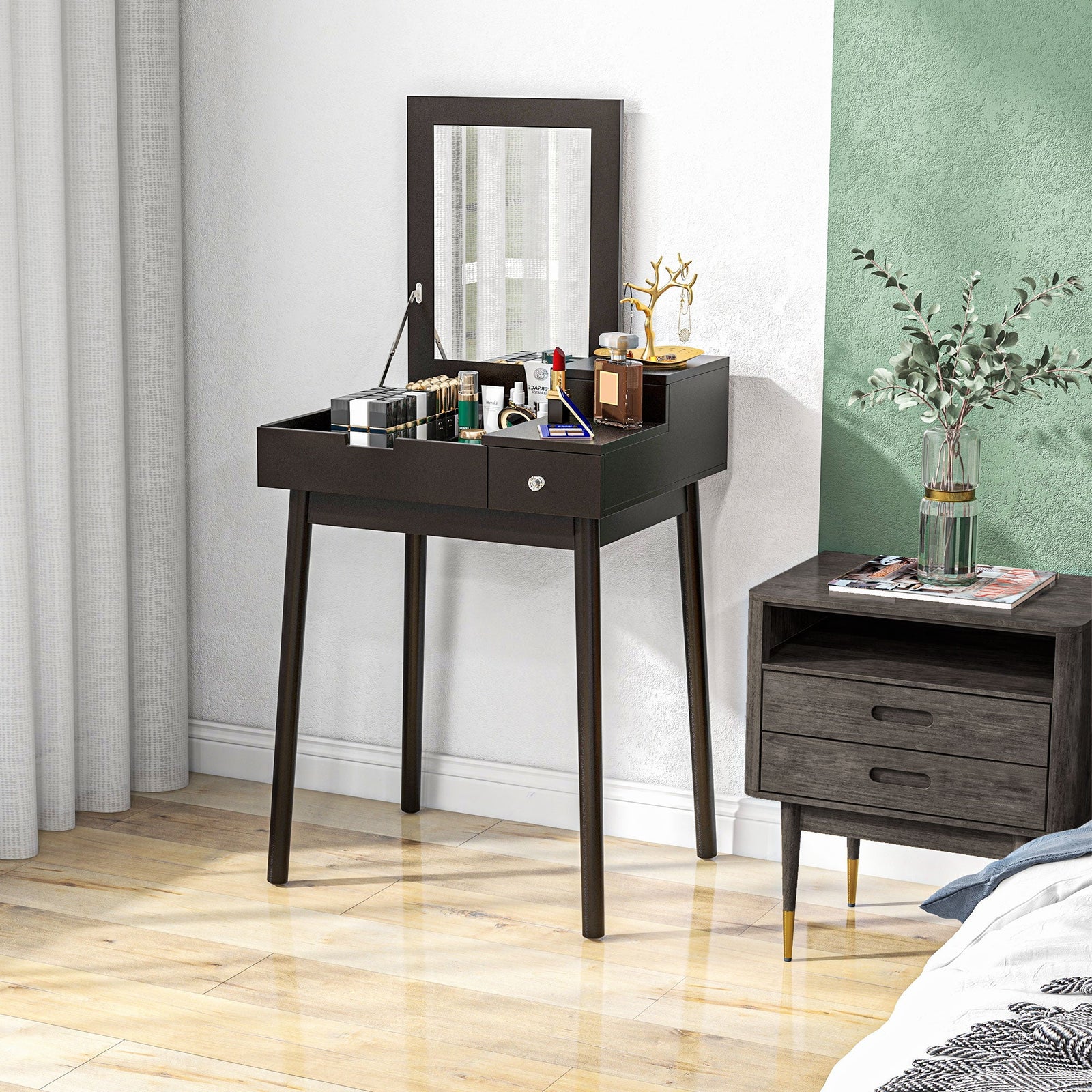 homcom dressing table with flip up mirror makeup desk with 2 drawers and pine wood legs vanity table writing desk for bedroom living room black