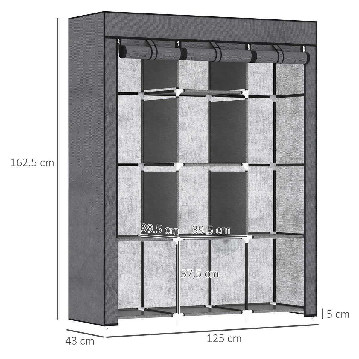 homcom fabric wardrobe with rails and shelves dark grey