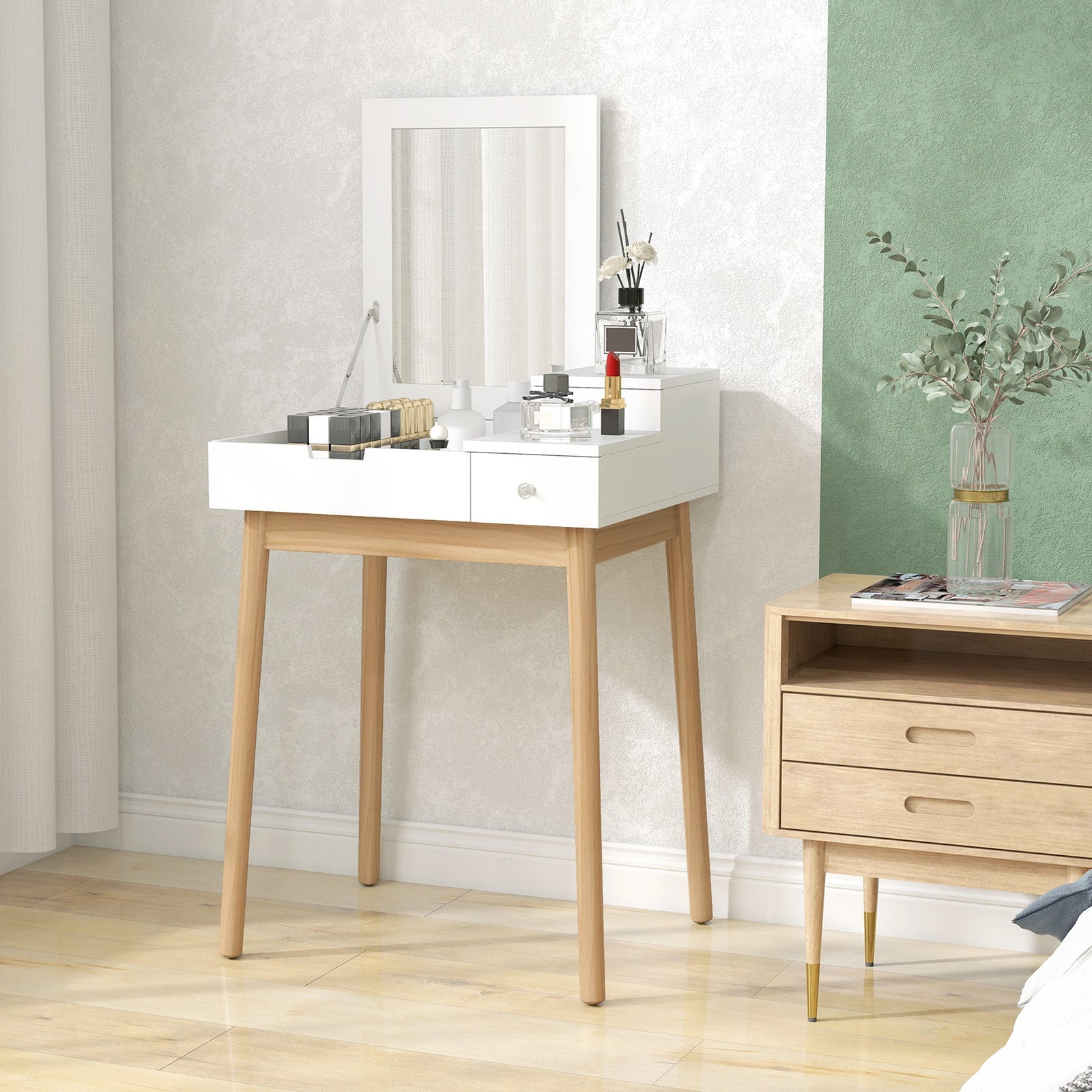 homcom dressing table with flip up mirror makeup desk with 2 drawers and pine wood legs vanity table writing desk for bedroom living room white