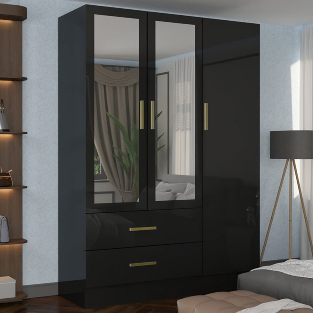 Black high gloss 3 door wardrobe with 2 mirrored doors, gold handles, and 2 drawers.
