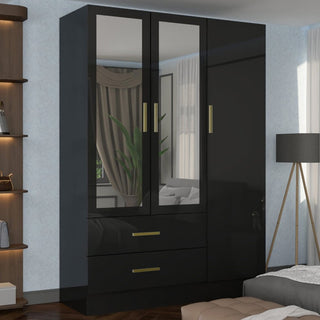 XD2 Black High Gloss 3 Door 2 Drawer Gold Handle Mirrored Wardrobe 116cm