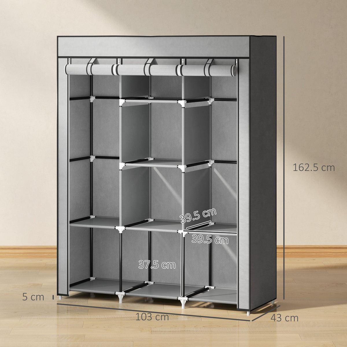 homcom fabric wardrobe with rails and shelves light grey