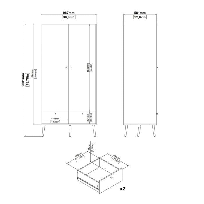 Cobalt 98.7cm 2-Door Wardrobe with 2 Drawers – Dark Grey & Oak – product image 9