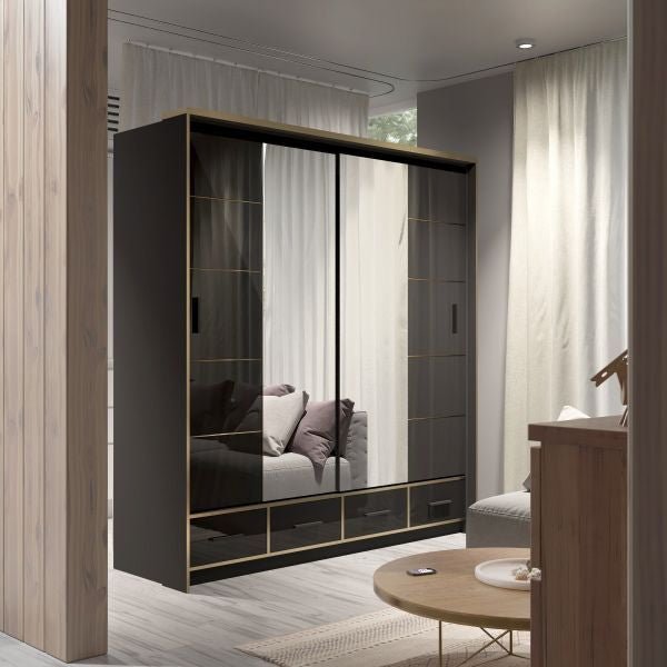 Luxembourg 203cm 2 door black gloss sliding wardrobe with mirrored doors in a modern bedroom.