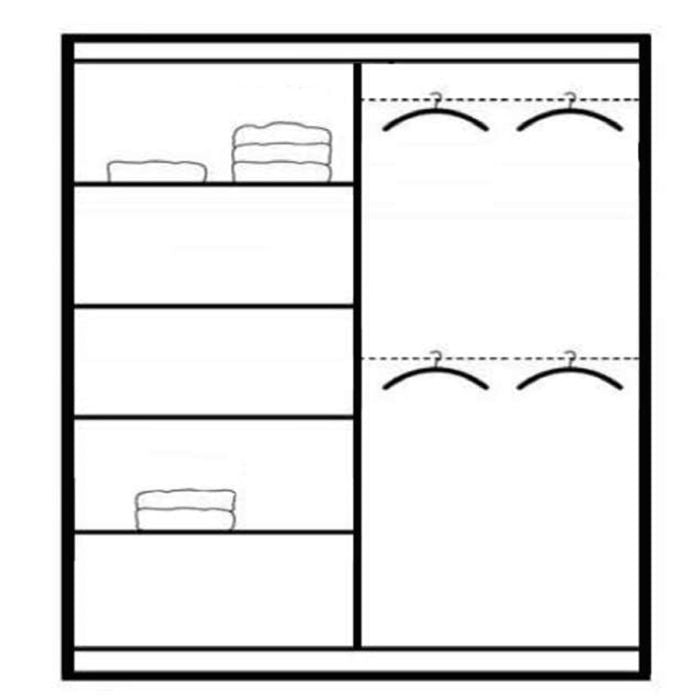 DETROIT 200cm 2 door sliding wardrobe outline, showing shelves on left, hanging rails on right.