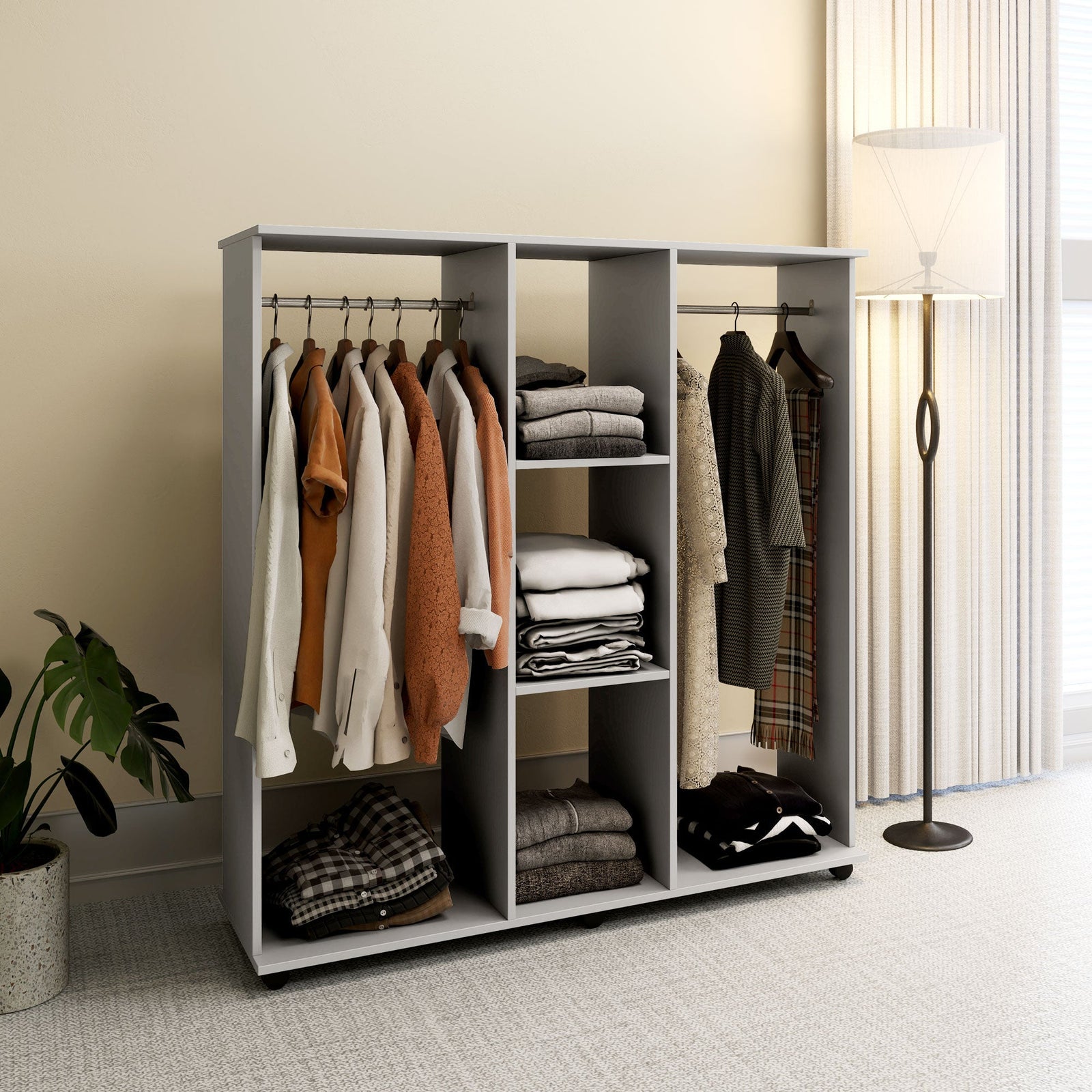 homcom open wardrobe double mobile storage shelves organizer w 6 wheels grey