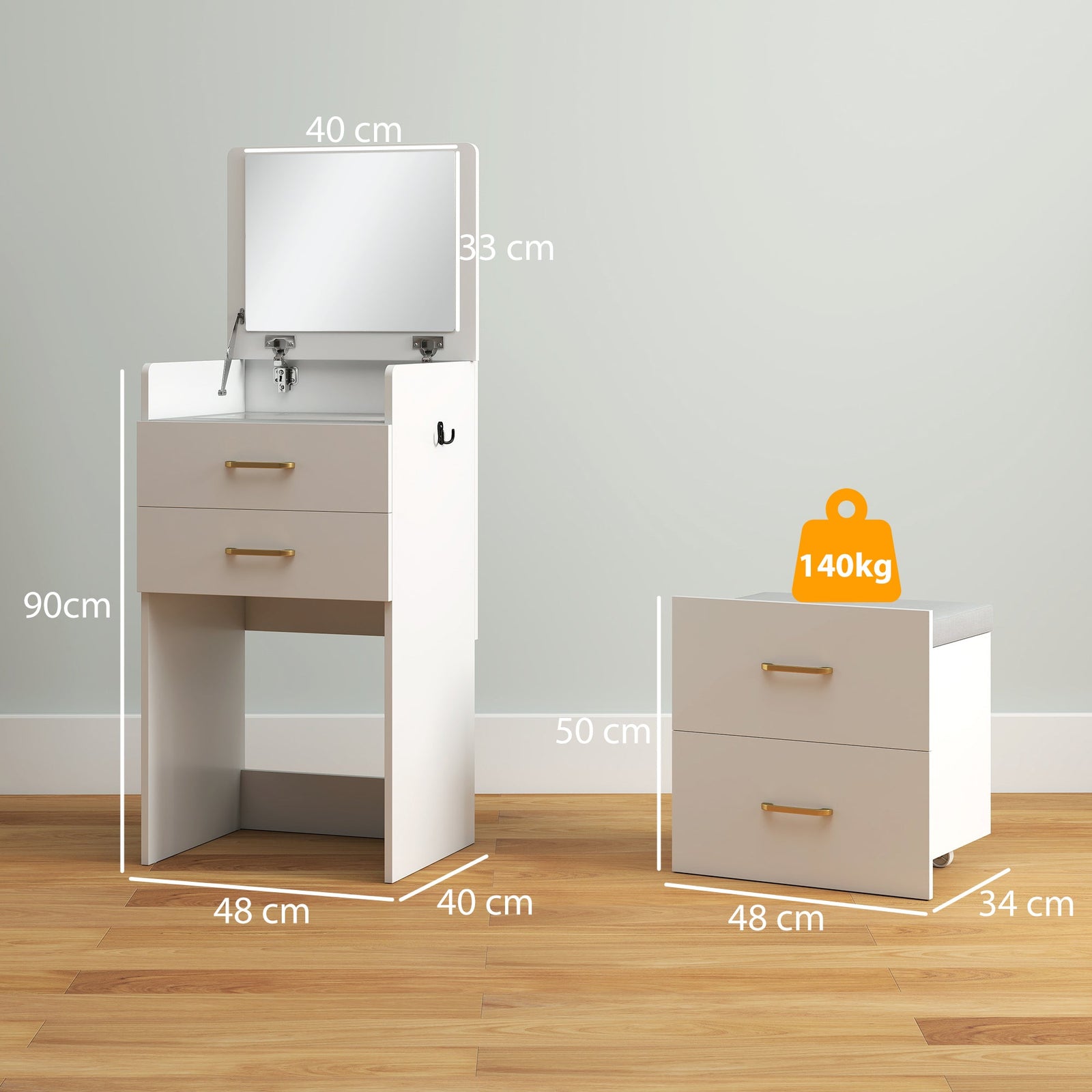 homcom compact dressing table and stool set with storage white
