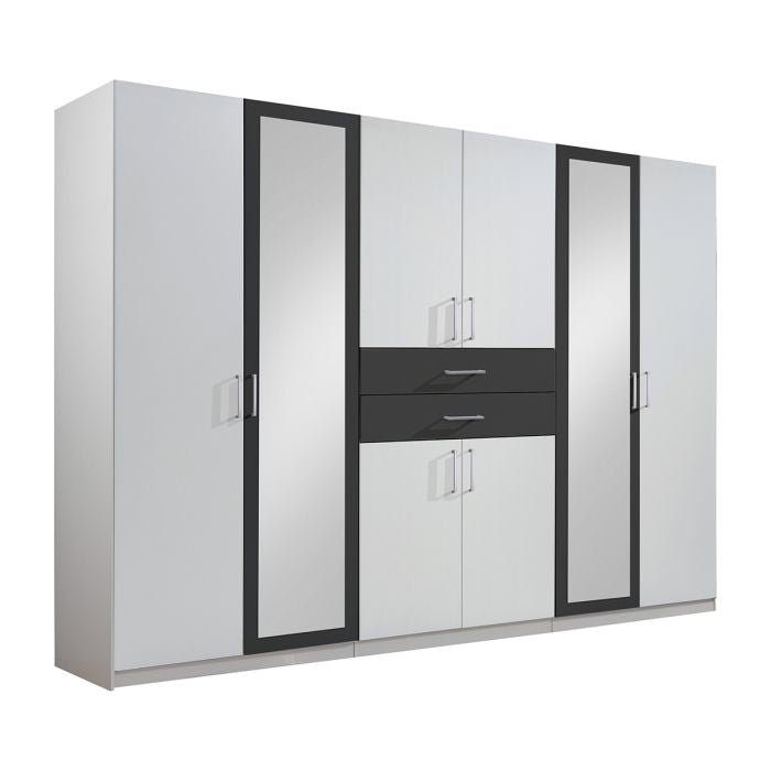 CHOICEWARDROBE DAKAR 6-door white and graphite wardrobe with mirrored panels and central drawers.
