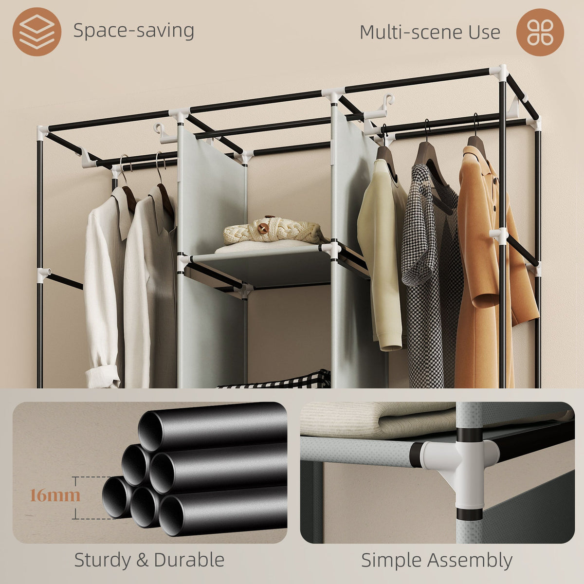 homcom foldable fabric wardrobe for bedroom portable wardrobe with 5 shelves 2 hanging rails and 3 fabric drawers light grey