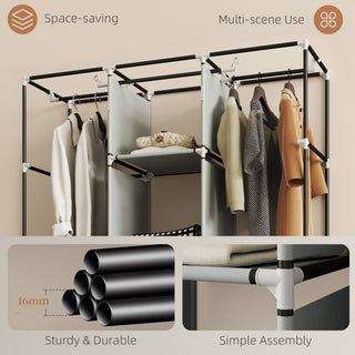 homcom foldable fabric wardrobe for bedroom portable wardrobe with 5 shelves 2 hanging rails and 3 fabric drawers light grey