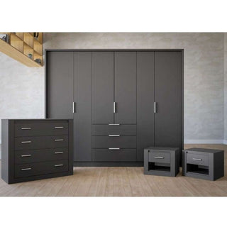 Grey Stafford 6-door wardrobe set with four-drawer chest and two bedside tables, silver handles.