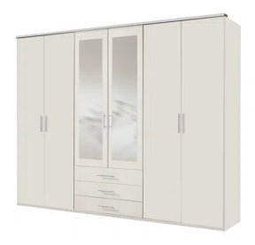 CHOICEWARDROBE Banha 6-door white hinged wardrobe with mirrored centre doors and 3 drawers, 270cm wide.