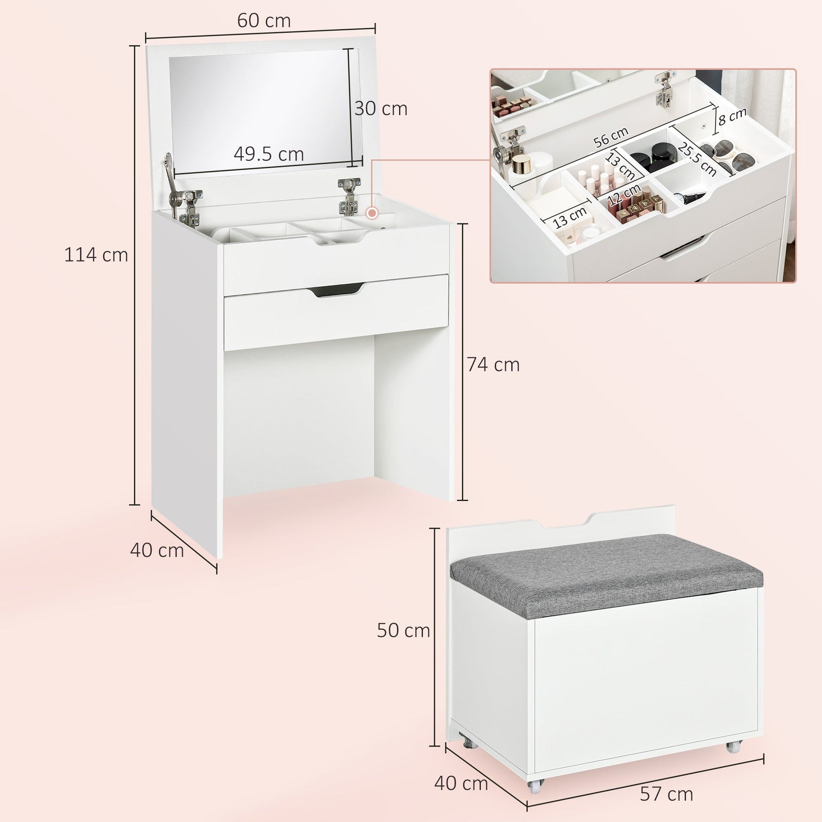 homcom dressing table with flip up mirror and storage stool vanity table with drawer and hidden compartments for bedroom living room white