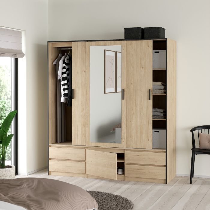 Lacoste 181cm 3-Door Mirrored Sliding Wardrobe – Jackson Hickory Oak – product image 6