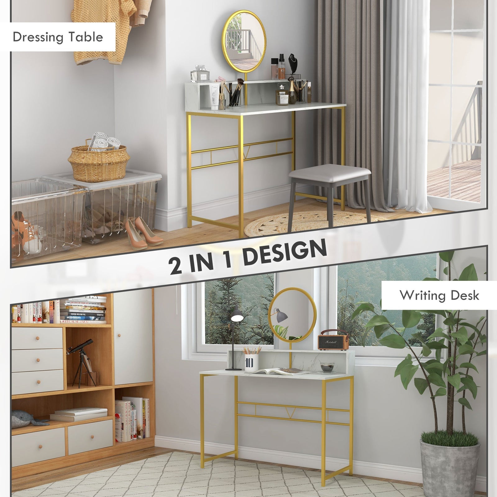 homcom modern dressing table with round mirror vanity makeup desk with open storage faux marble texture and steel frame for bedroom white