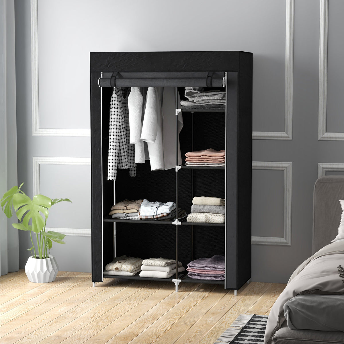 homcom fabric wardrobe portable wardrobe with 6 shelves 1 hanging rail foldable closets 103 x 43 x 162 5 cm black