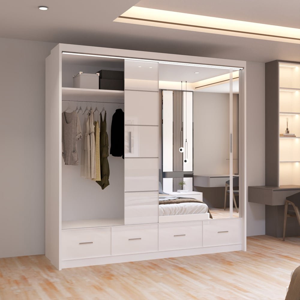 White high gloss 2-door sliding wardrobe with mirrored door and 4 drawers