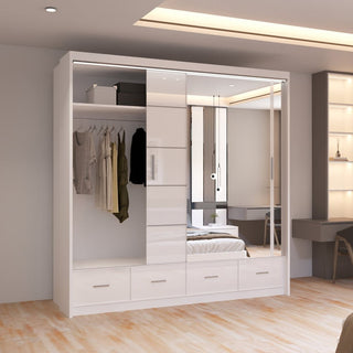 CHOICEWARDROBE Sycylia White High Gloss Finish Sliding Door Wardrobe – 2-Door, Mirrored Door, 4 Drawers