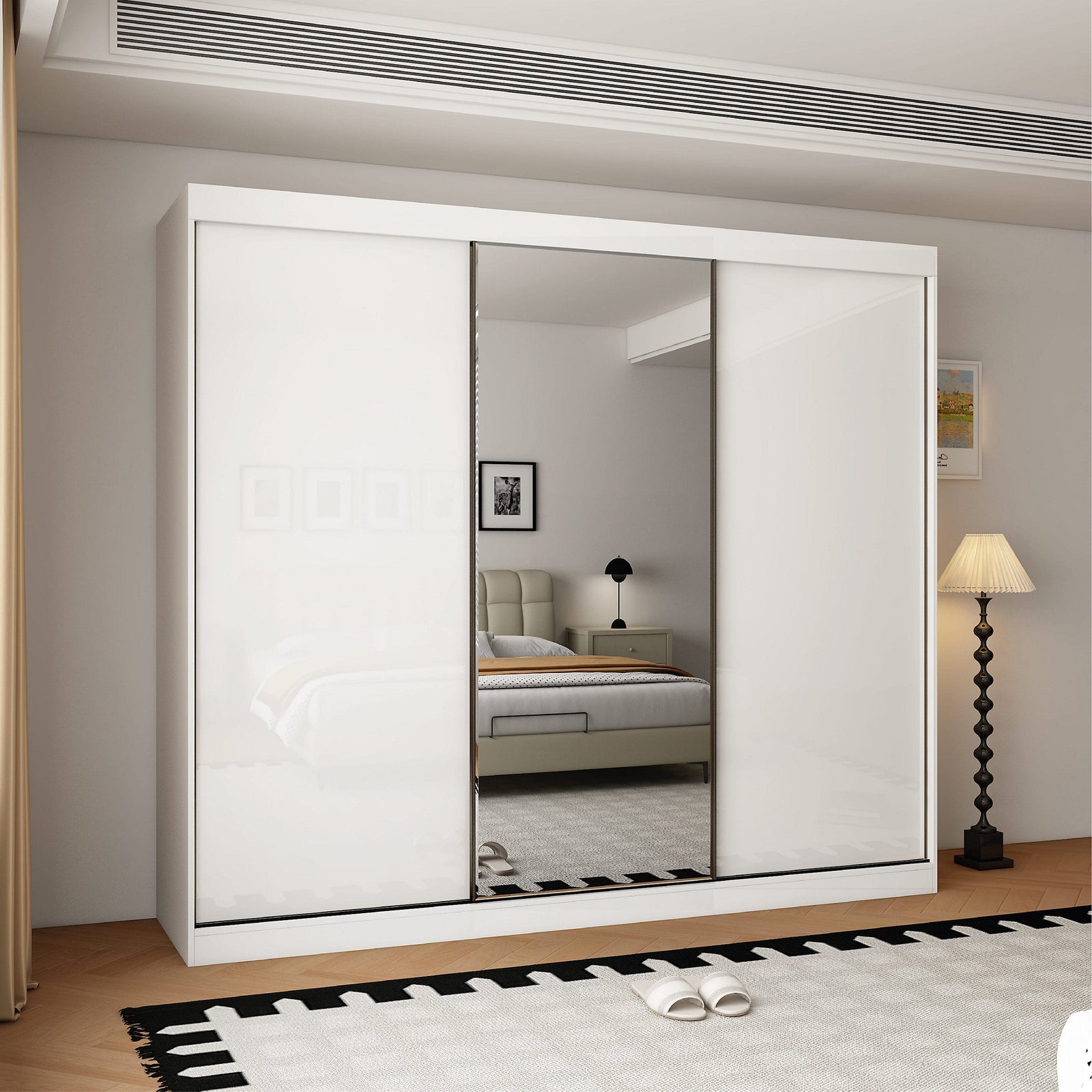 CHOICEWARDROBE Pacific 3 door sliding wardrobe white gloss with mirrored centre door.