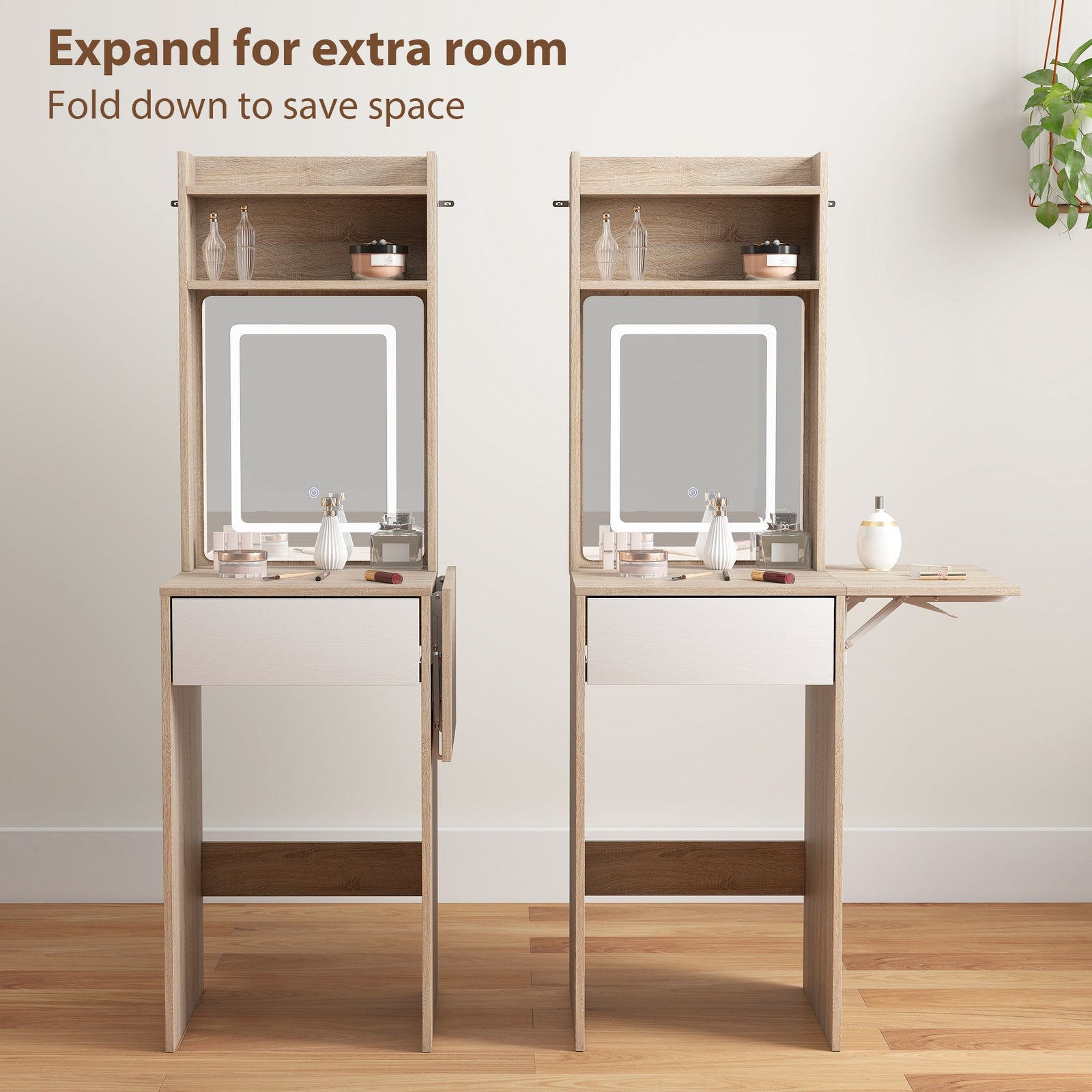 homcom small vanity desk with mirror and led lights compact dressing table with drop leaf open shelves natural wood