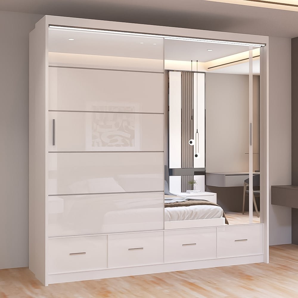 White high gloss 2-door sliding wardrobe with mirrored panel and base drawers