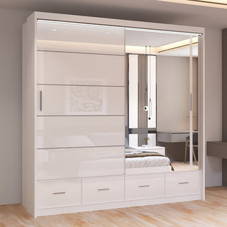 CHOICEWARDROBE Sycylia White High Gloss Finish Sliding Door Wardrobe – 2-Door, Mirrored Door, 4 Drawers