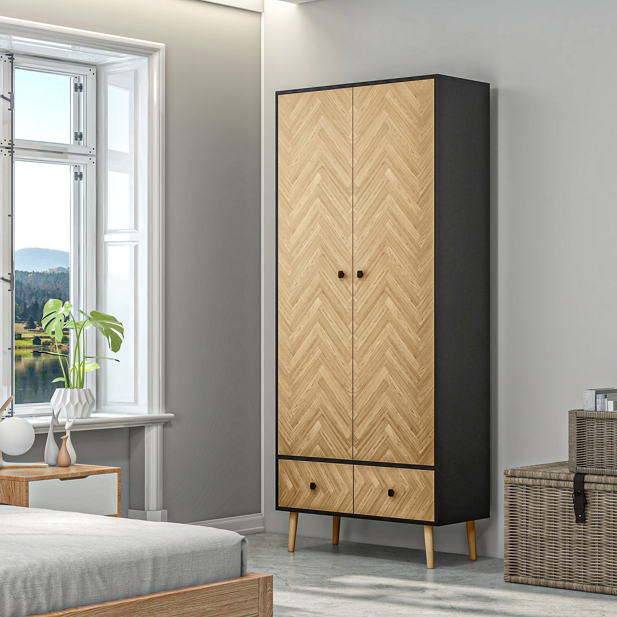 homcom modern wardrobe cabinet wood grain sticker surface with shelf hanging rod and 2 drawers 90x50x190cm