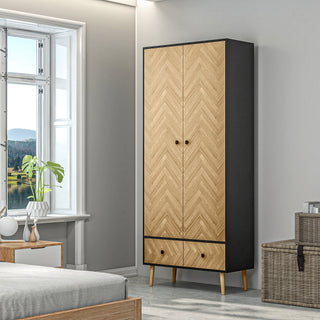 homcom modern wardrobe cabinet wood grain sticker surface with shelf hanging rod and 2 drawers 90x50x190cm