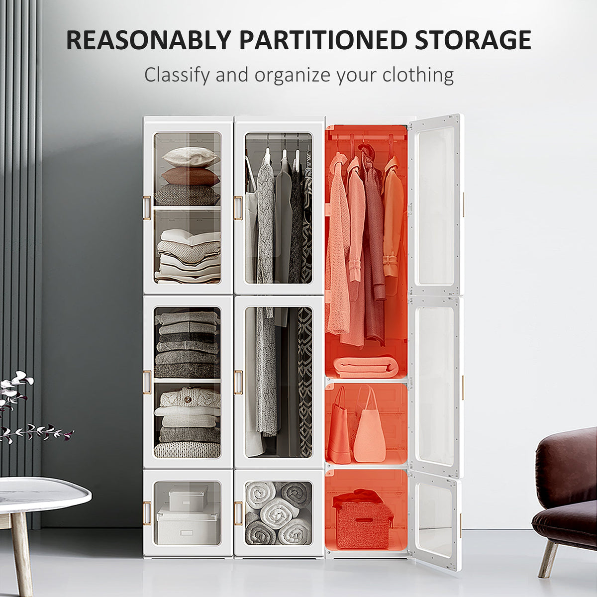 homcom portable clothes wardrobe for bedroom foldable clothes organiser with cube storage hanging rods magnet doors white