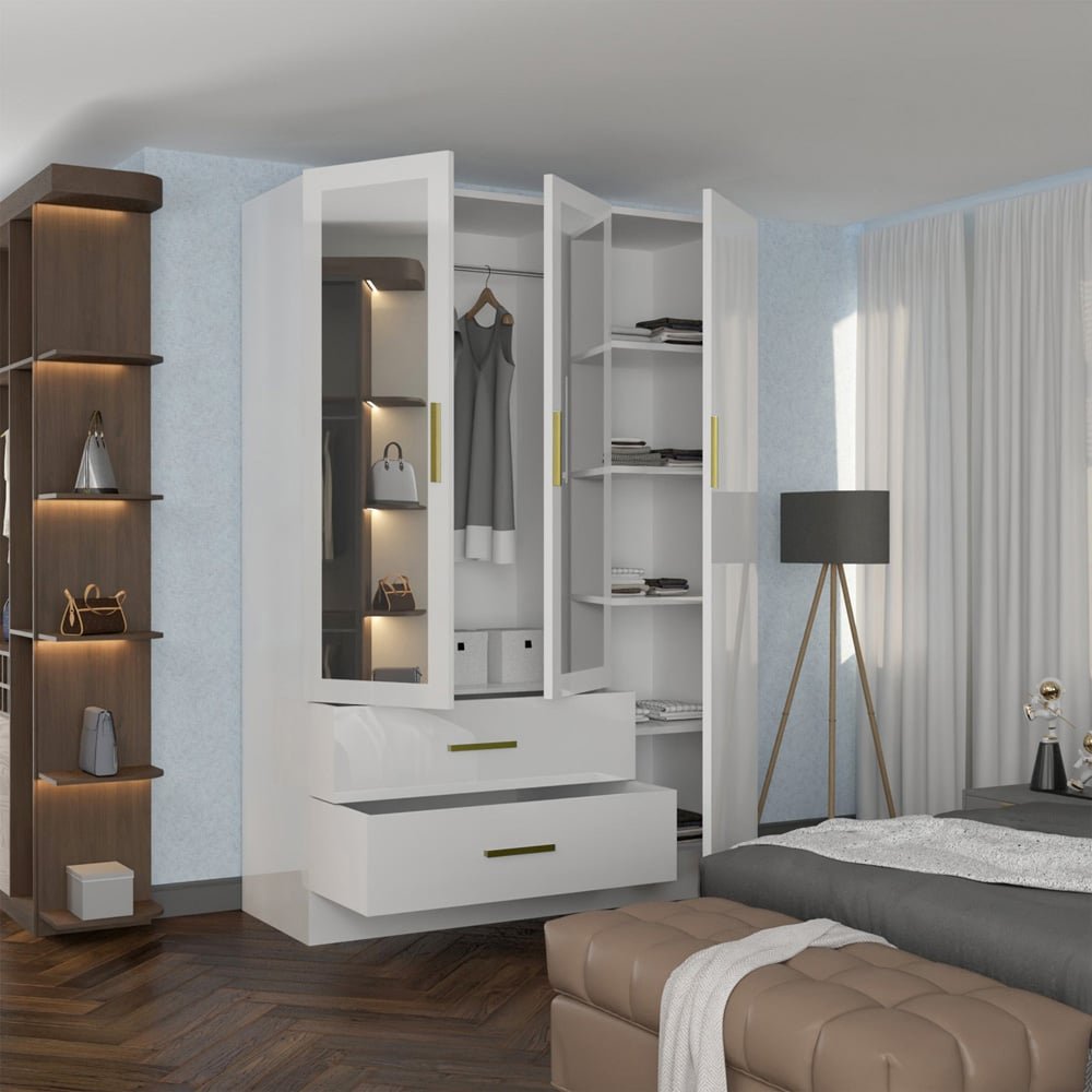 XD2 White High Gloss 3 Door Wardrobe with mirrored doors, gold handles, open interior, shelves, and hanging rail.