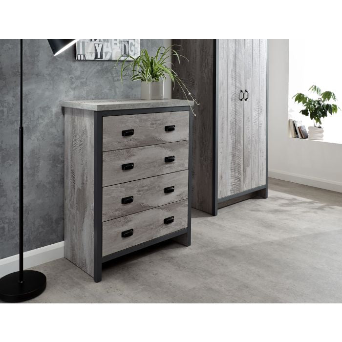 Grey distressed wood effect four-drawer chest with black handles